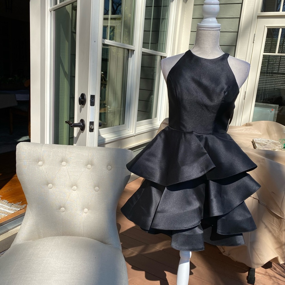 Designer layered fit and flare cocktail dress.